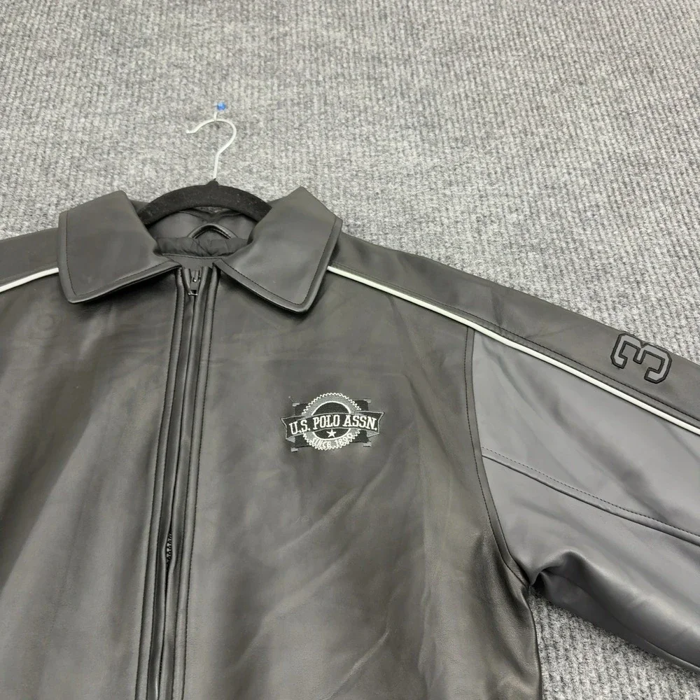 U.S. Polo Assn Jacket Boys L Black Polyurethane Faux Leather Bomber Varsity Moto